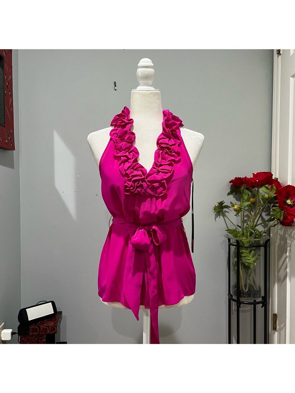 NEW Akiko Silk Ruffle Belted Longline V-Neck Pleated Sleeveless Halter Top S NWT